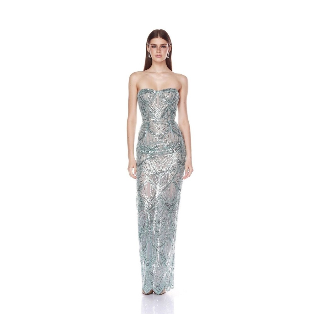 NEW Bronx Banco Strapless Sequin Gown, Giselle Maxi Dress in powder blue, S